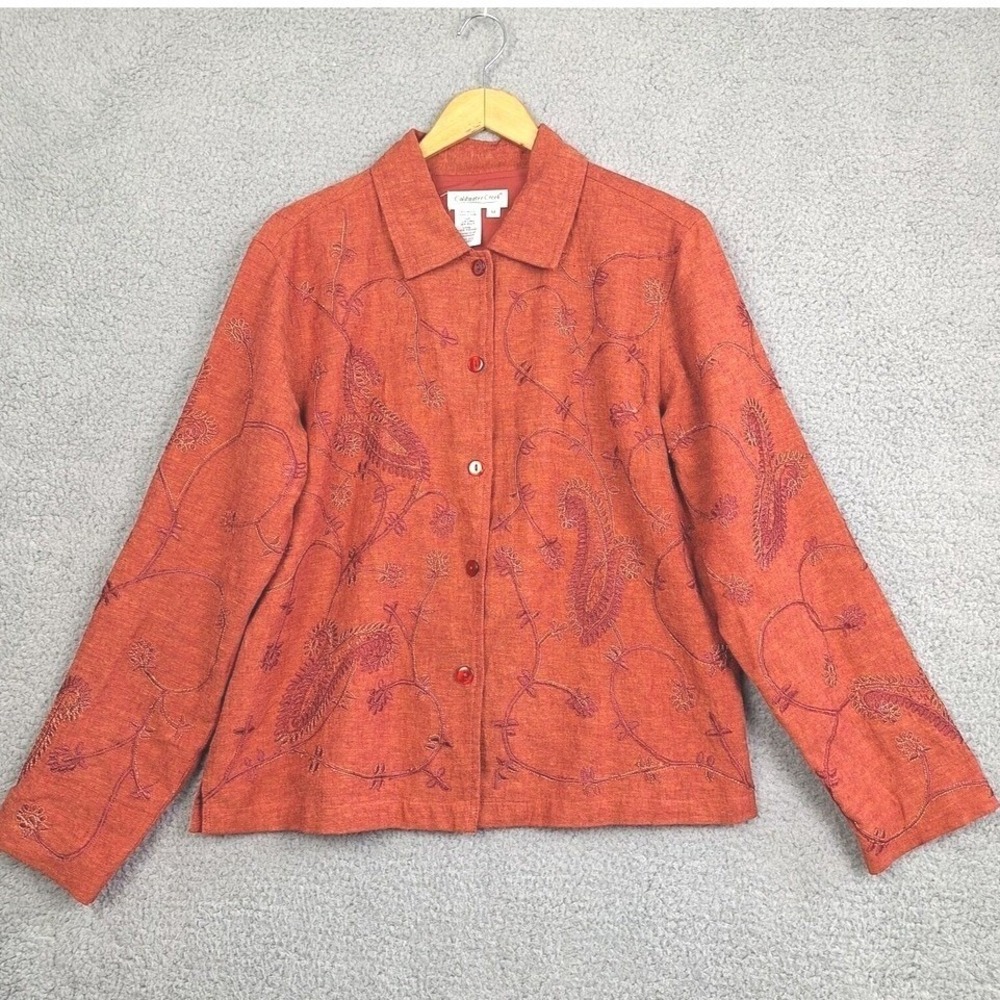 Coldwater Creek Jacket Womens Medium Orange Embroidered Linen Paisley Blazer